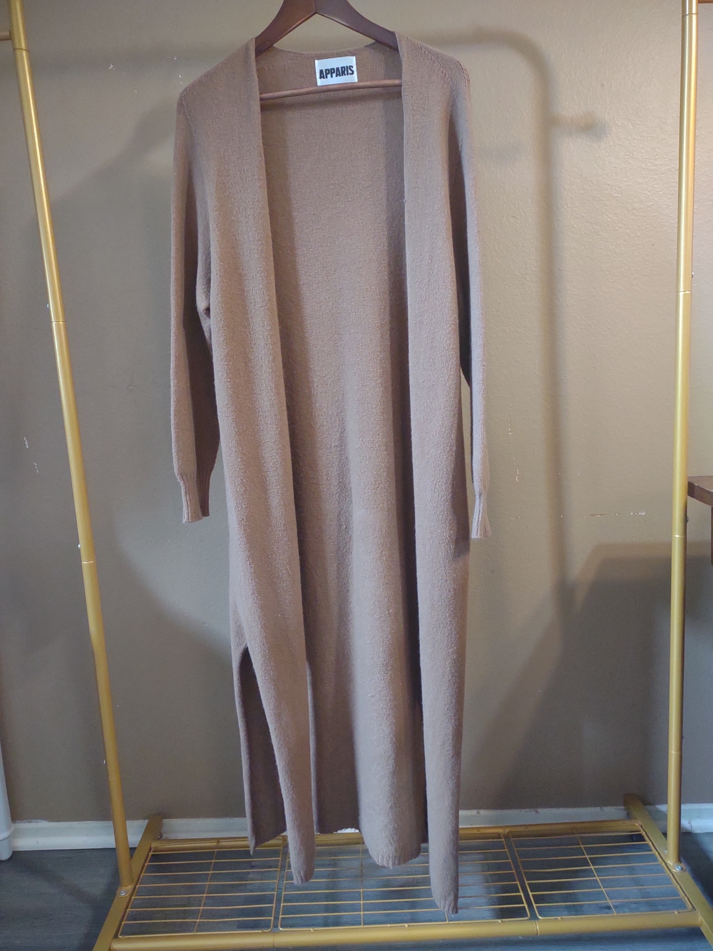 Apparis Long Camel Open Cardigan Vegan Cashmere Duster Slit Sides - Picture 4 of 11